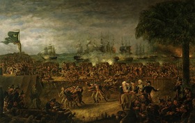 In The Battle of Fort Moultrie, artist John Blake White presents a view of the battle from inside the American fort, with the British fleet firing at full force in the background.