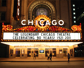Front marquee of the Chicago Theatre at night circa 2011.