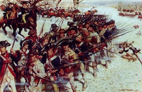In Battle of Guilford Courthouse, artist H. Charles McBarron depicts Greene commanding his Continentals as they prepare for the British assault.