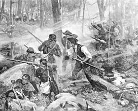 In The Battle of Kings Mountain, artist F.C. Yohn depicts colonial riflemen advancing on the Loyalist position.