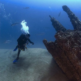 A scientist from the Minerals Management Service surveys the German U-boat U-701 during the Battle of the Atlantic Expedition Summer 2008 off the coast of North Carolina.